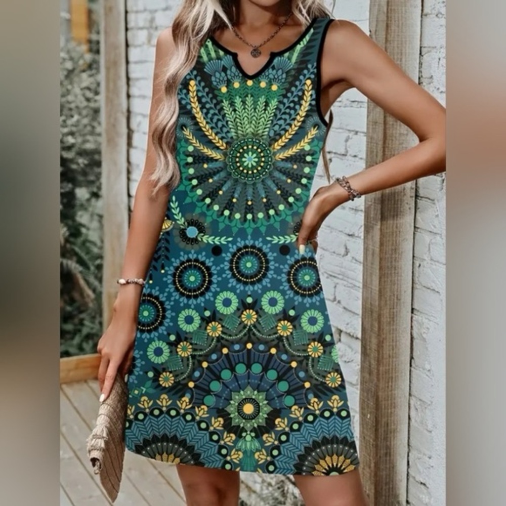 Summer Dress w Mandala Pattern And V-Neck